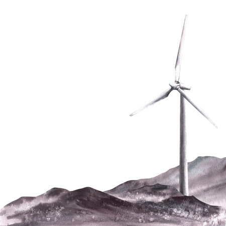 Watercolor monochrome landscape with windmills, wind turbine on mountain ranges. Hand drawn...