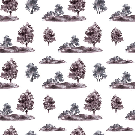 Landscape with field, meadow, bushes, trees, hills seamless pattern. Watercolor monochromatic vintage rural nature clipart for packaging label Hand draw illustration. Isolated white backgroundの写真素材