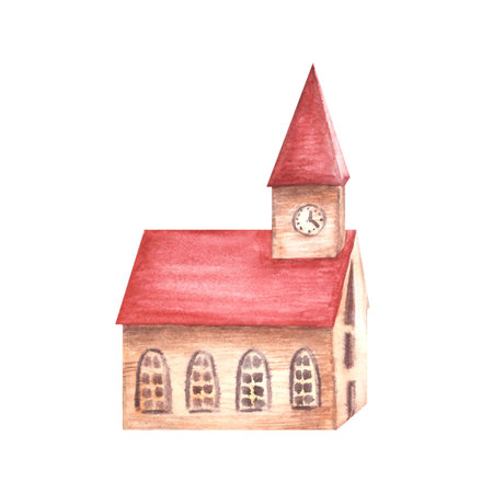 Wooden house, church with red roof retro toy. Christmas fir tree traditional Germany decorations Watercolor vintage hand painted illustration Clipart for sticker, greeting card on isolated backgroundの写真素材