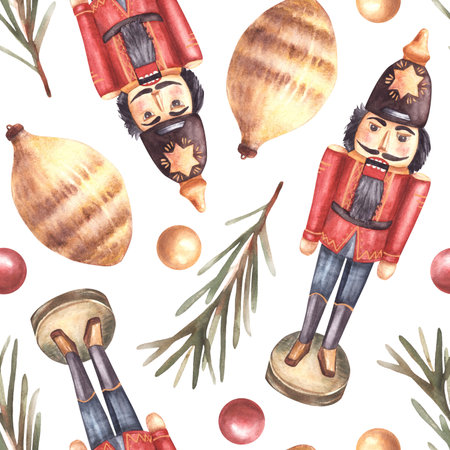 The Nutcracker with spruce branch and Christmas tree ornaments. Red, gold balls, cone toy. Xmax seamless pattern. Vintage soldier, winter print. Watercolor painted illustration on isolated backgroundの写真素材