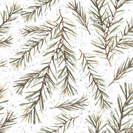Pine or fir tree branches seamless pattern on watercolor stain splashes background. Spruce evergreen with needles Winter forest snowy Christmas fabric, package print Hand painted isolated illustrationの写真素材