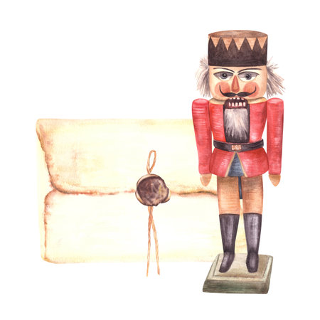 Vintage nutcracker with old letter, Christmas holiday post. Wooden toy red soldier, tradition Xmas...
