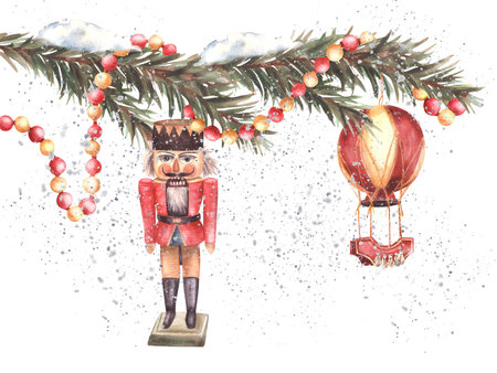 The Nutcracker, garland, hot air ballon under the snowy branch of Christmas tree toys. Traditional new year fir decoration. Watercolor hand drawn illustration Festive card template Isolated backgroundの写真素材