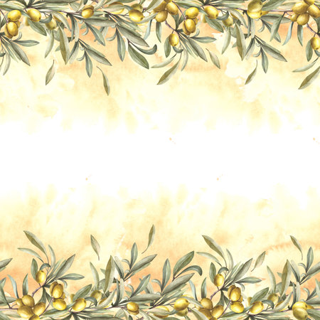 Olive branch with fruit berries and green leaves. Botanical floral seamless banner, frame on watercolor yellow splashes, stains background. Hand drawn isolated illustration for oil, cosmetic label.の写真素材