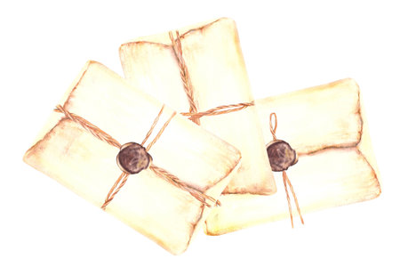 Old letters sealed with sealing wax and tied with string. Watercolor vintage post, postal old paper. Hand drawn illustration. Clipart for invitation, greeting card, Christmas on isolated backgroundの写真素材