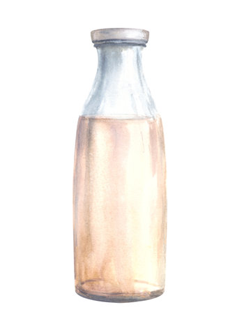 Glass milk bottle. Watercolor hand drawn illustration. Natural beverage ingredient, yogurt, cream or vegan white drink. Clipart for food product design of label, sticker, menu Isolated from backgroundの写真素材
