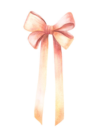Golden pink bow in pastel colours, satin vintage ribbon, coquette style hair bow Cute hairstyle elements. Trendy girls accessories. Watercolor hand drawn illustration. Clipart Isolated from backgroundの写真素材
