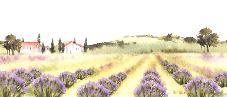 Lavender fields. Watercolor Provence rural Landscape with old houses, trees, cypresses, hills. Hand drawn Illustration. France, Italy nature motive for vacation booklet, card, poster. Original clipartの写真素材