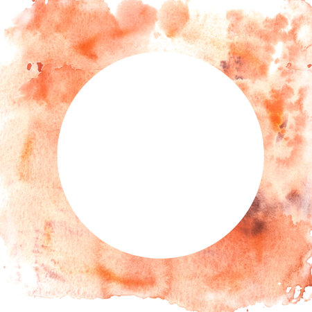 Abstract circular frame with watercolor terracotta, orange splashes and brush stroke Place for your text. Hand painted illustration. Isolated fall aquarelle background for halloween, thanksgiving cardの写真素材