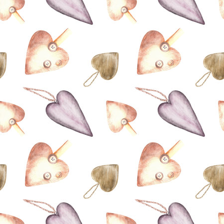 Watercolor Hearts on rope, cord with button. Lilac, beige keychain. Valentines Day gift seamless pattern. Vintage Love Hand drawn illustration fabric, wallpaper, packaging on isolated white backgroundの写真素材