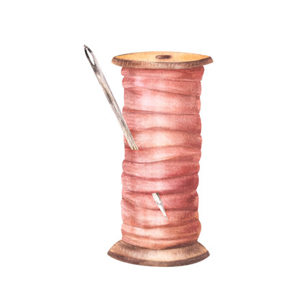Spool of thread and sewing needle, ribbon in pink beige pastel color Hand drawn watercolor...