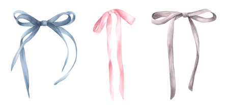 Watercolor bows and ribbons set. Girly romantic design, coquette style, girls cute hair pink, blue and grey accessories. Birthday, Valentines day hand drawn illustration Clipart Isolated from backgroundの写真素材