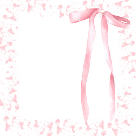 Pink bow on watercolor spot, stain rose coloured background. Rosa hair ribbon, Girl coquette style square frame, template for label, invitation, greeting card Hand drawn illustration. Isolated clipartの写真素材