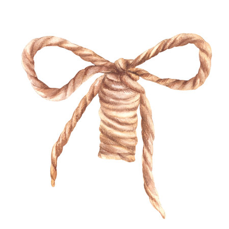 Jute string, rope bow for tying a bouquet of flowers. Watercolor hand drawn illustration natural twine ribbon, eco nature brown bow knot for gift. Boho style realistic clipart isolated from backgroundの写真素材