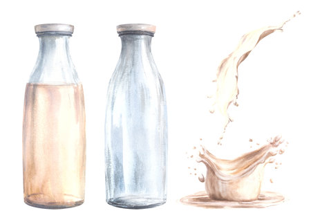 Glass milk bottle with flowing milk. Dairy products set. White liquids splash, splatters. Watercolor hand drawn illustration.Clipart for beverage, cream, yogurt label print. Isolated from background.の写真素材