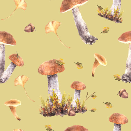 Fall mushrooms seamless pattern Watercolor boletus orange cap with Chanterelle, moos, yellow green leaves and brown acorn. Forest wild harvest. Hand drawn illustration on isolated coloured backgroundの写真素材