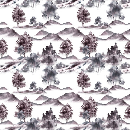 Landscape with mountains, bushes in the meadow, trees and hills Monochrome Seamless pattern. Watercolor grey, black color nature hand painted for wallpaper. Illustration on isolated white backgroundの写真素材