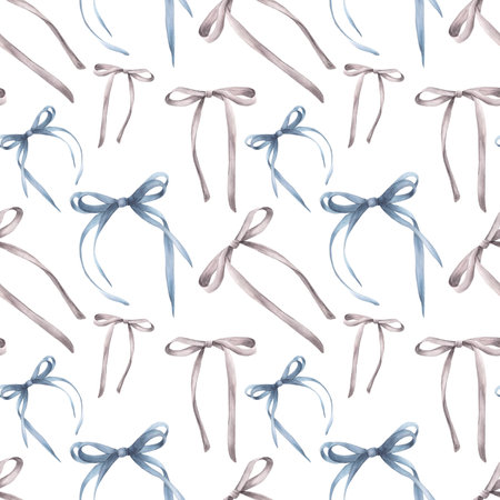 Bows and ribbons watercolor seamless pattern. Girly sweet coquette style trend. Girls cute blue, grey hair styles for wallpaper, fabric. Hand drawn illustration on isolated white backgroundの写真素材
