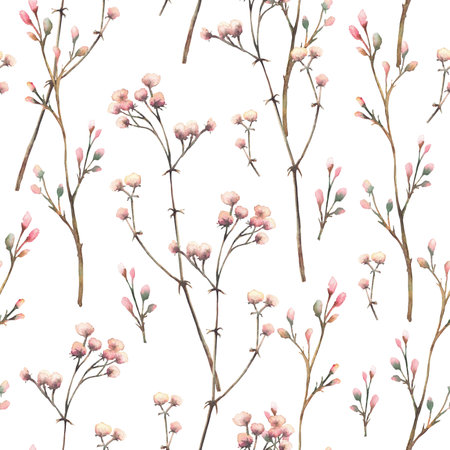 Gypsophila flowers twig watercolor seamless pattern. Beige pink pastel coloured dry small flowers and buds herb branches for wedding fabric, wallpaper isolated from background hand drawn illustrationの写真素材