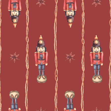 Nutcracker toy vintage seamless pattern of vertical rope strips and anise star. Winter Christmas...
