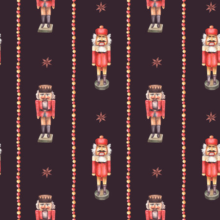 Nutcracker toy with anise star and striped red gold balls garland, beads. Christmas seamless patten,...