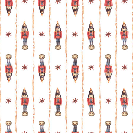 The Nutcracker toy vintage seamless pattern of vertical rope strips and anise star. Christmas wooden soldier, traditional ornament paper. Watercolor painted illustration on isolated white backgroundの写真素材