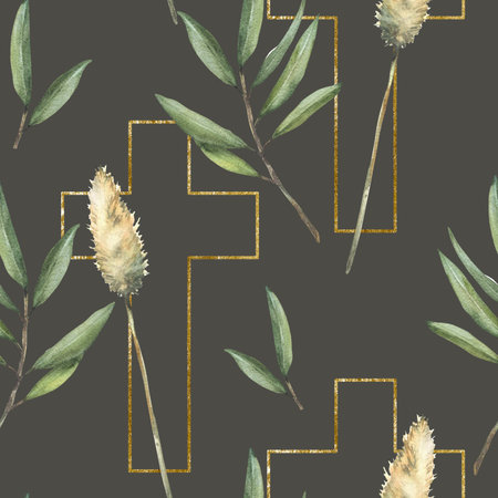 Golden Cross with olive tree branch and Pampas grass seamless pattern. Watercolor painted illustration. Cross silhouette with green dry herbs. Fabric for baptism, Easter on isolated dark backgroundの写真素材
