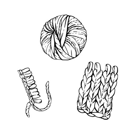 Ball of yarn, skein of knitting thread set. Knitted or crocheted hobby items. Vector Hand drawing black and white line art illustration for handmade, hobby knitters product isolated from backgroundのイラスト素材