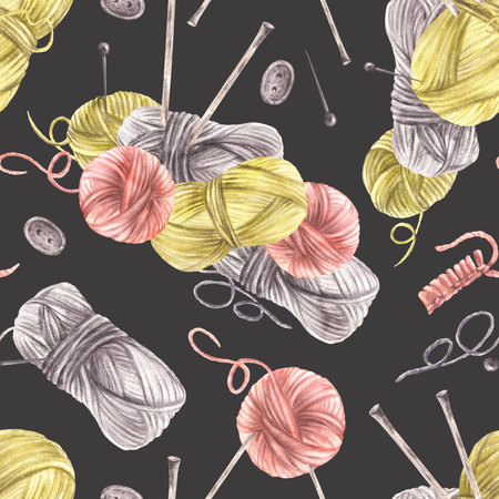 Knitting, needlework seamless pattern. Skeins of yarn, wooden needles, pins, buttons Balls of wool, Crocheted, knitted handicraft hobby fabric. Watercolor painted illustration Isolated dark backgroundの写真素材
