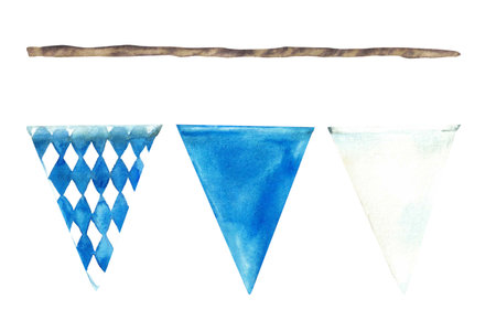 Flags on the rope Blue, rhombus and white triangular pennant set. Oktoberfest beer festival traditional garland. Watercolor painted illustration. Elements of the Bavarian flag Isolated from backgroundの写真素材