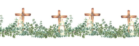 Eucalyptus silver dollar plant green branches with Burning candle and wooden Cross seamless border....