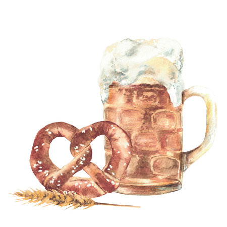 Mug of Beer with bretzel and malt. Pint of drinks and traditional Germany pretzel with salt. Watercolor hand painted isolated illustration. Traditional Bavarian food and drink at Oktoberfest.の写真素材
