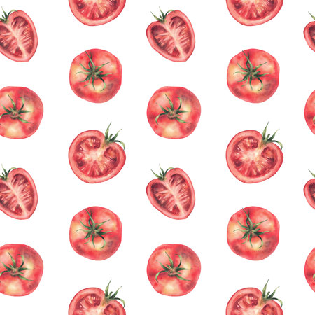 Red tomatoes vegetables watercolor seamless pattern. Whole and half sliced ripe fruit with stalk. Hand drawn realistic illustration. Healthy food fabric, kitchen wallpaper. Isolated from backgroundの写真素材
