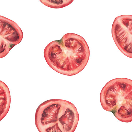 Red tomato seamless pattern. Whole, half, quartered sliced ripe fruit. Vegetables watercolor illustration isolated from background. Hand drawn in realistic style for fabric, wallpaper, food packing.の写真素材