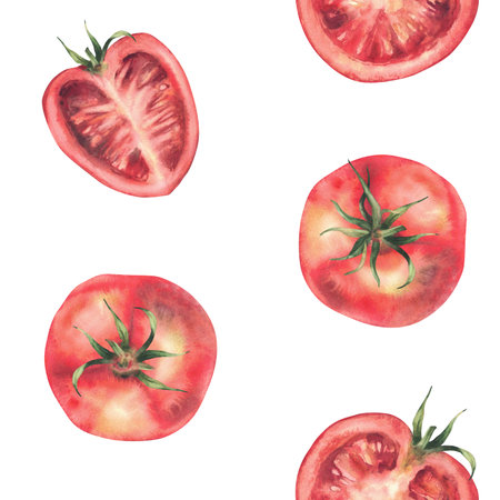 Red tomatoes Watercolor vegetables harvest seamless pattern. Whole and half sliced ripe fruit with stalk. Hand drawn realistic illustration for food fabric, kitchen wallpaper. Isolated from backgroundの写真素材