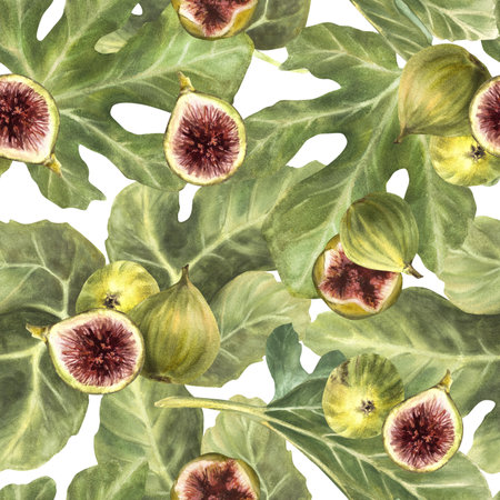 Figs fruit with green leaves seamless pattern Realistic watercolor whole and sliced fruit fabric print Plant, botanical clipart for packing, wallpaper. Hand drawn illustration Isolated from backgroundの写真素材