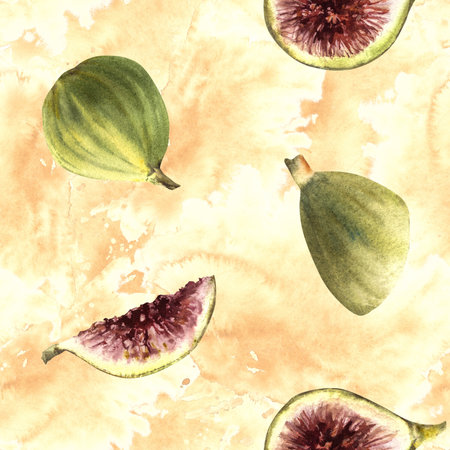 Figs fruit seamless pattern on Watercolor splashes, spotted yellow background. Whole green and sliced purple fig fabric. Food, plant clipart for wallpaper, packaging. Hand drawn isolated illustrationの写真素材