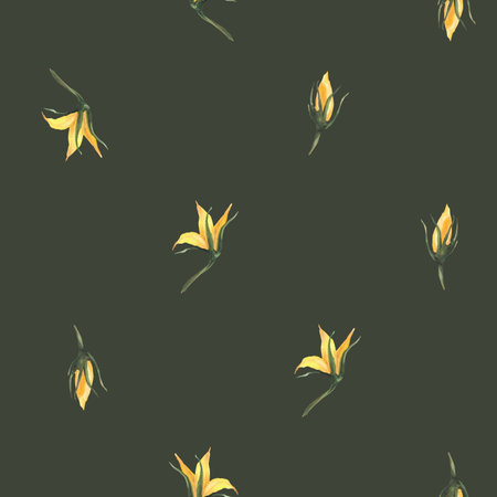 Yellow flowers and buds of tomato plant seamless pattern Watercolor botanical floral design. Realistic hand drawn illustration for fabric, summer wallpaper, packaging. Isolated from dark backgroundの写真素材