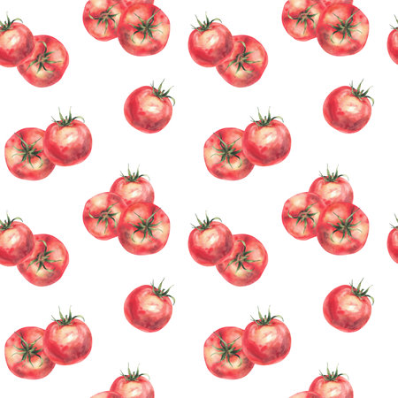 Watercolor red tomatoes vegetables seamless pattern Realistic painted illustration. Whole ripe fruit with green stalk repeating design for fabric, wallpaper on Isolated white background plant clipartの写真素材