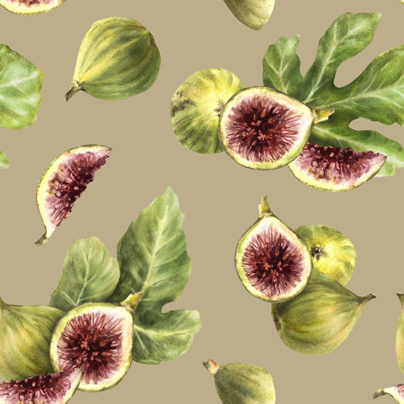 Figs with green leaves watercolor seamless pattern. Ripe whole and cut purple fruit. Botanical clipart for jam, food label, exotic fabric. Hand drawn illustration. Isolated pastel coloured backgroundの写真素材