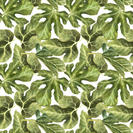 Fruit tree leaves watercolor seamless pattern. Realistic plant, botanical design for fabric, wallpaper, packaging, textile product. Hand drawn clipart illustration on Isolated white backgroundの写真素材
