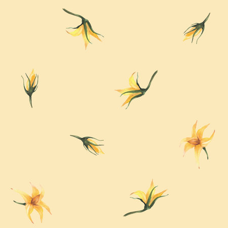 Yellow flowers and buds of tomato plant seamless pattern. Watercolor summer botanical floral design. Realistic hand drawn illustration for fabric print, labelling on isolated beige coloured backgroundの写真素材