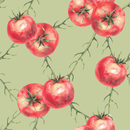 Tomatoes with stalk, plant stem seamless pattern. Red vegetables realistic watercolor hand painted illustration. Juicy fruit, farming food for fabric, packaging Isolated green coloured backgroundの写真素材