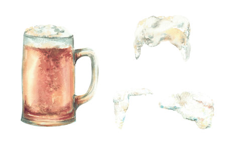 Full Beer Mug with Foam Variants set. Foamy alcoholic drink. Watercolor realistic hand painting illustration. Perfect for Oktoberfest, brewing design, packaging, menus, festive decoration. Isolatedの写真素材
