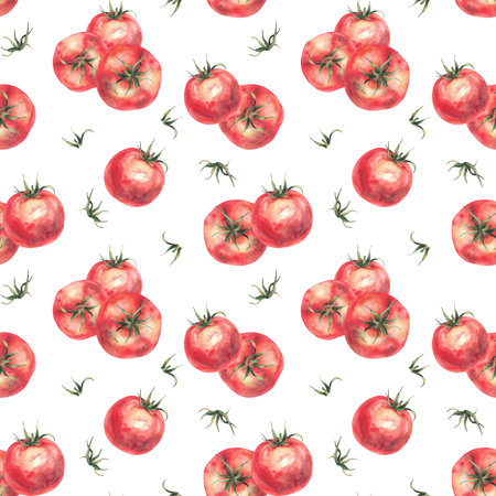 Tomato red fruit with green stalks. Watercolor vegetables food plant seamless pattern. Realistic hand painted illustration. Juicy farming crop clipart for fabric, tablecloth, napkin isolated on whiteの写真素材