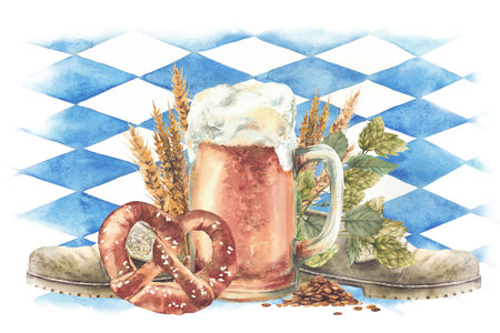 Mug of beer hops and malt with pretzel and Germany mens shoe. Traditional Oktoberfest drink, snack and boots against a background of Bavarian blue watercolor rhombs. Isolated hand drawn illustrationの写真素材