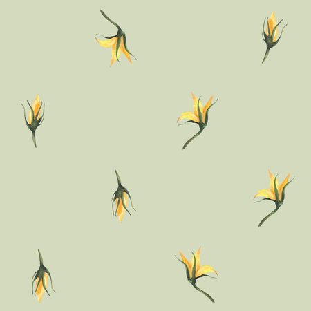 Yellow flowers and buds of tomato plant seamless pattern. Watercolor floral design. Realistic hand drawn illustration for fabric, summer textile print, packaging. Isolated from pastel green backgroundの写真素材
