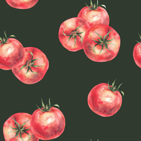 Watercolor red tomatoes realistic seamless pattern Vegetables hand painted illustration. Whole fruit with green stalk for fabric, wallpaper, ketchup juice package. Clipart on Isolated dark backgroundの写真素材