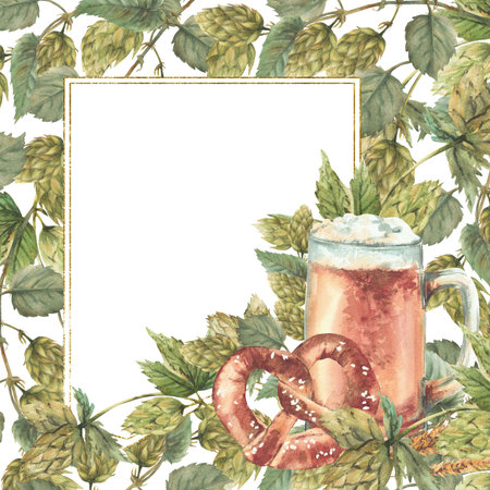 Beer mug with pretzel and green hops branch with golden frame. Hop bitter leaves and cones curly plant clipart. Hand drawn watercolor isolated illustration for Germany beer label, brewing template.の写真素材