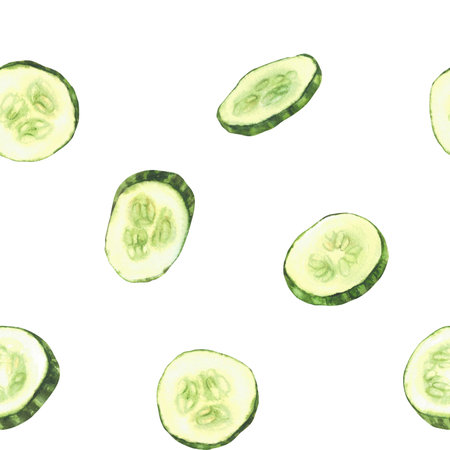 Watercolor cucumber slices seamless pattern. Fresh sliced vegetable, cut cucumber circles with seeds. Realistic painted food illustration for fabric, wallpaper, packing label. Isolated from backgroundの写真素材